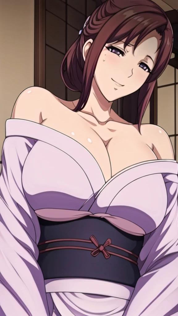 (day),Simple White Background,
Standing at attention,
japanese clothes, Purple kimono,bare shoulders, off shoulder, deepcleavage,collarbone, 
brown hair,bangs, Hair Bun,purple eyes,
1 girl, 20yo,Young female,Beautiful Finger,Beautiful long legs,Beautiful body,Beautiful Nose,Beautiful character design, perfect eyes, perfect face,expressive eyes,perfect balance,
looking at viewer,(Focus on her face),closed mouth, (innocent_big_eyes:1.0),Light_Smile,
official art,extremely detailed CG unity 8k wallpaper, perfect lighting,Colorful, Bright_Front_face_Lighting,shiny skin, 
(masterpiece:1.0),(best_quality:1.0), ultra high res,4K,ultra-detailed,
photography, 8K, HDR, highres, absurdres:1.2, Kodak portra 400, film grain, blurry background, bokeh:1.2, lens flare, (vibrant_color:1.2),professional photograph, 
(Beautiful,large_Breasts:1.4), (beautiful_face:1.5),(narrow_waist),