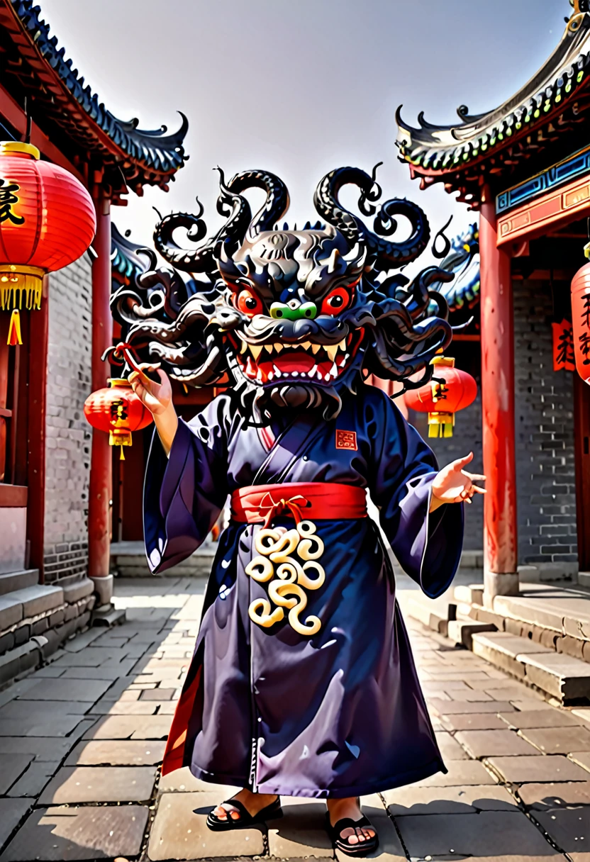 Giant jajangmyeon monster,Noodles waving like tentacles,The sauce flows out of my mouth like magma,The background is the traditional Beijing Hutong,Gray brick wall and red lantern,Silhouette of the Temple of Heaven in the distance,The monster is covered with Beijing-style patterns,Wear Chinese robes,Red belt around waist,There are Beijingers pushing old-fashioned bicycles in the alleys、Douzhi stalls and Tanghulu vendors,Noodle tentacles have real gloss and texture,Rich in detail of buildings and characters,The color is warm,Lifelike。