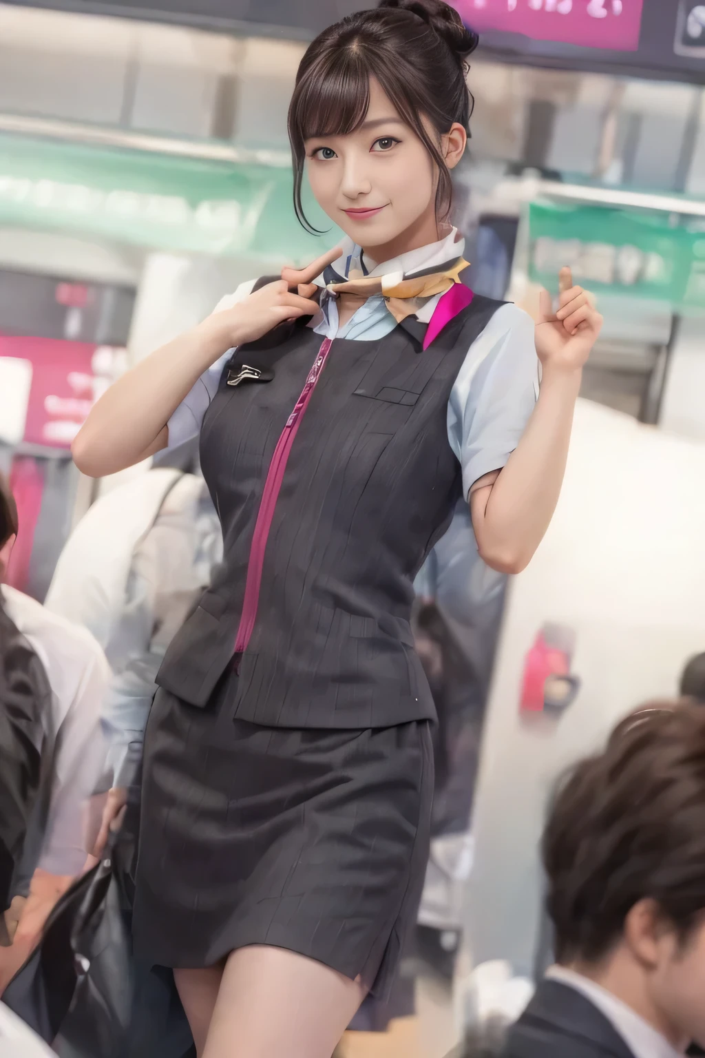 (masterpiece:1.2, Highest quality:1.2), 32k HDR, High resolution, (alone、1 Girl)、（Ride the bullet train、Professional Lighting）、Background in the car、（Realistic style of JR Gran Class crew uniform）、Short sleeve blouse、a scarf around the neck、（JR Gran Class flight attendant uniform with pink parts on the skirt sleeves）、（The uniform of a flight attendant in JR Gran Class has a pink line on the front zipper of the vest.）、Dark brown hair、（Hair tied up、Hair Bun、Hair Bun）、Dark brown hair、Long Shot、Big Breasts、（（Great hands：2.0）），（（Harmonious body proportions：1.5）），（（Normal limbs：2.0）），（（Normal finger：2.0）），（（Delicate eyes：2.0）），（（Normal eyes：2.0））)、Luxury Necklace、smile、Beautiful standing posture,