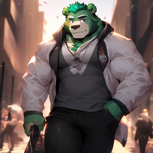 Award-winning original photography, ((Dad)) soldier, (Outside wearing a white coat), (Dark brown trousers), Muscular man, expensive and hunk, Biceps, Abdominal muscles, chest, Expressionless face, 最high quality, masterpiece, Dynamic Angle, Background beach, Detailed face, Volumetric lighting, Focus on the center, From below,(最high quality, High resolution, Realistic), Cinema Lighting, masterpiece, RAW Photos, Intricate details, High resolution,masterpiece, high quality, anime, Fine grain, Male Jinpei, Humanity, bear, great physique, Strong arms, manly,, Walking around the city, magic city,  (((green bear))), (((Green fur))), Green Hair, beard, White eyebrows, bald, Detailed purple eyes, expensive, (Rainbow Spark), Sparkling Crystal Flower, Joyful, Author: zixiong, From null-ghost, Pino Daeni