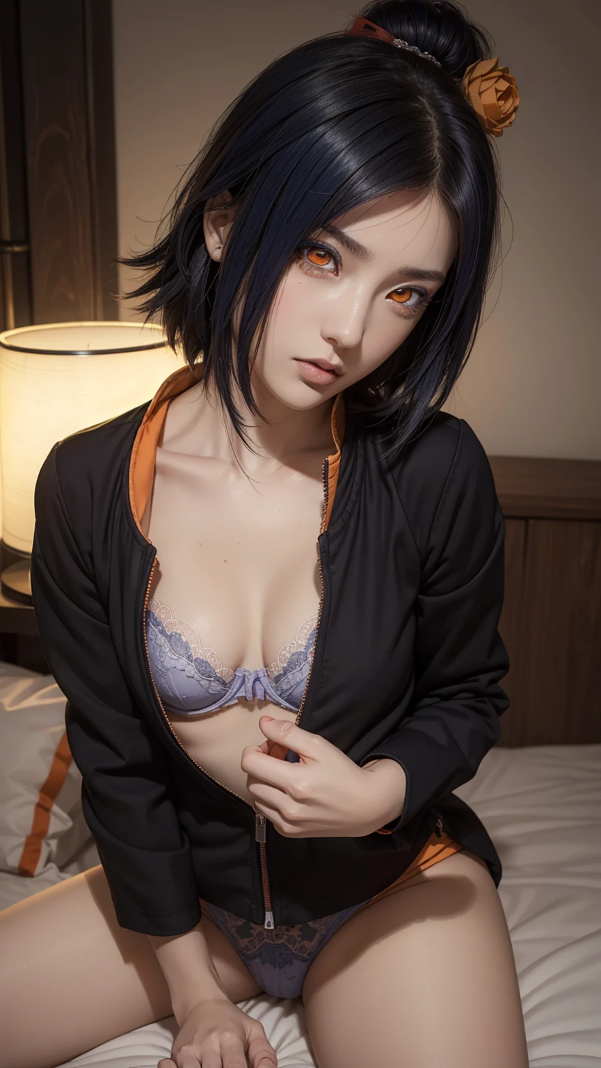 woman, woman, short hair, hair ornament, blue hair, legs , sitting on the bed , small, panties, bra, Sexual тело , underwear, Sexual , bra, panties, one flower, hair цветок, (orange eyes:1.2), (labret piercing:1.2), eyeshadow, (Akatsuki uniform:1.5), Akatsuki \(naruto\),BREAK (masterpiece:1.2), Best quality, A high resolution, unity 8k wallpaper, (illustration:0.8), (beautiful detailed eyes:1.6), very detailed face, perfect lighting, extremely detailed computer graphics, (perfect hands, Ideal Anatomy),