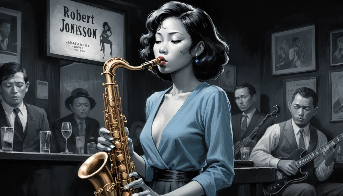 robert johnson, gritty, alabama bar, blue note, charismatic , illustration, noir fantasy, lone asian lady, sad ending, saxophonists