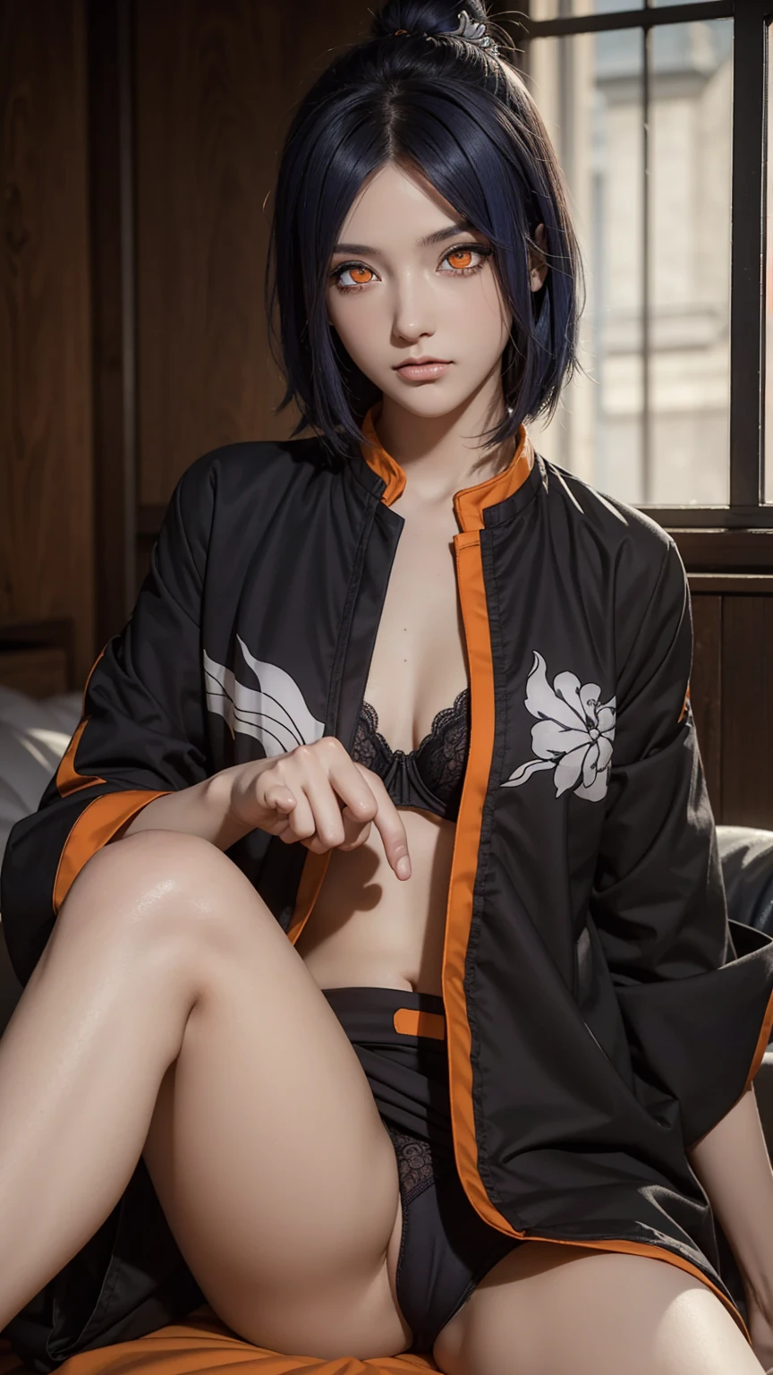 woman, woman, short hair, hair ornament, blue hair, legs , sitting on the bed , small, panties, bra, Sexual тело , underwear, Sexual , bra, panties, one flower, hair цветок, (orange eyes:1.2), (labret piercing:1.2), eyeshadow, (Akatsuki uniform:1.5), Akatsuki \(naruto\),BREAK (masterpiece:1.2), Best quality, A high resolution, unity 8k wallpaper, (illustration:0.8), (beautiful detailed eyes:1.6), very detailed face, perfect lighting, extremely detailed computer graphics, (perfect hands, Ideal Anatomy),