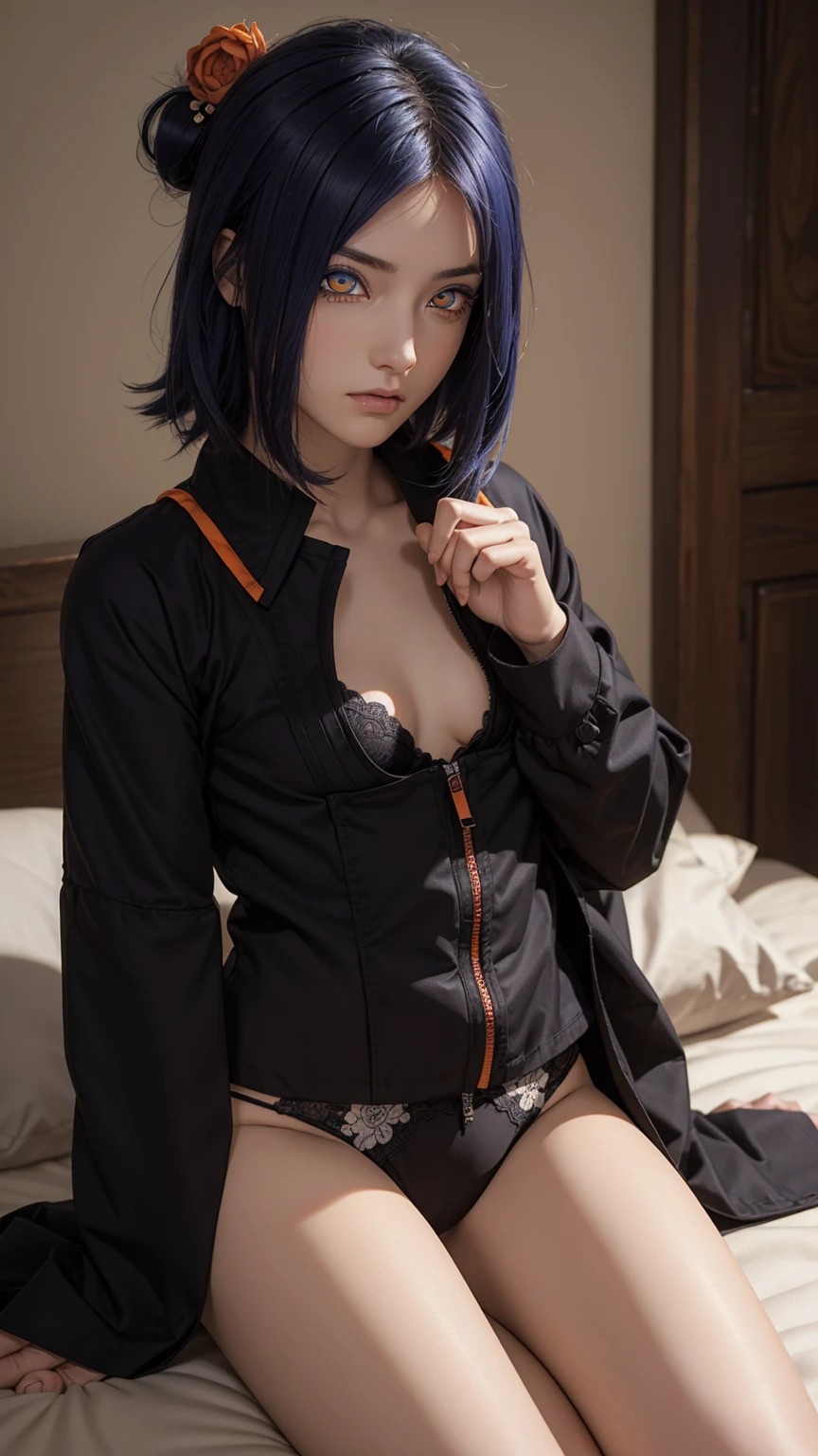 woman, woman, short hair, hair ornament, blue hair, legs , sitting on the bed , small, panties, bra, Sexual тело , underwear, Sexual , bra, panties, one flower, hair цветок, (orange eyes:1.2), (labret piercing:1.2), eyeshadow, (Akatsuki uniform:1.5), Akatsuki \(naruto\),BREAK (masterpiece:1.2), Best quality, A high resolution, unity 8k wallpaper, (illustration:0.8), (beautiful detailed eyes:1.6), very detailed face, perfect lighting, extremely detailed computer graphics, (perfect hands, Ideal Anatomy),