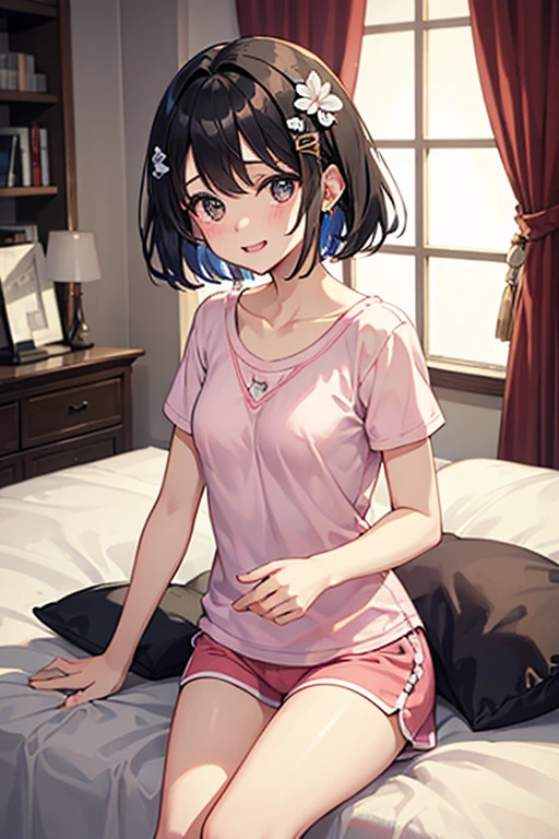 Highest quality、Black Hair、Iris、Short Hair、Girl、cute、、Loungewear、Looks happy、Embarrassed、、Small breasts、Small hair ornament、Private room