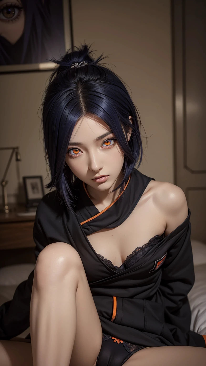 woman, woman, short hair, hair ornament, blue hair, legs , sitting on the bed , small, panties, bra, Sexual тело , underwear, Sexual , bra, panties, one flower, hair цветок, (orange eyes:1.2), (labret piercing:1.2), eyeshadow, (Akatsuki uniform:1.5), Akatsuki \(naruto\),BREAK (masterpiece:1.2), Best quality, A high resolution, unity 8k wallpaper, (illustration:0.8), (beautiful detailed eyes:1.6), very detailed face, perfect lighting, extremely detailed computer graphics, (perfect hands, Ideal Anatomy),