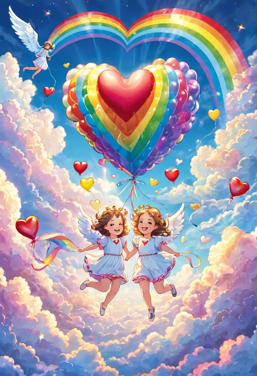 Smiling angels flying with heart balloons, joy, sky, above the clouds, big rainbow lights