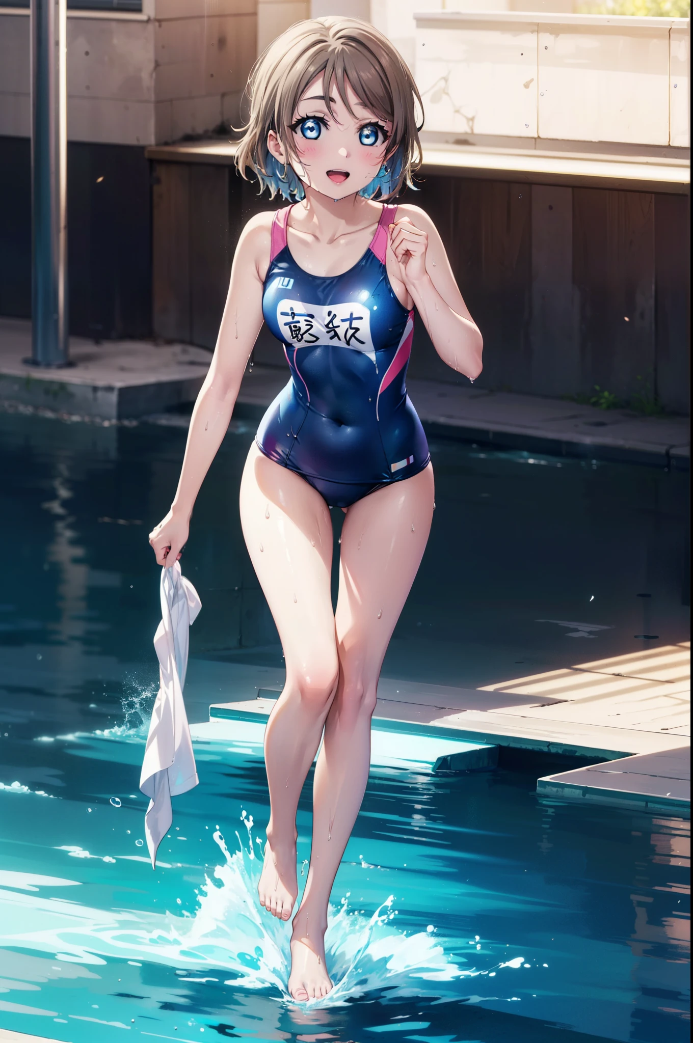 Yo Watanabe, Issei Watanabe, short hair, blue eyes, Brown Hair, smile, Open your mouth,Swimsuit,barefoot,whole bodyがイラストに入る,Wet Hair,Wet swimsuit,Wet Skin,Walking,
break outdoors, プール
break looking at viewer, whole body,
break (masterpiece:1.2), Highest quality, High resolution, unity 8k wallpaper, (shape:0.8), (Beautiful attention to detail:1.6), Highly detailed face, Perfect lighting, Extremely detailed CG, (Perfect hands, Perfect Anatomy),