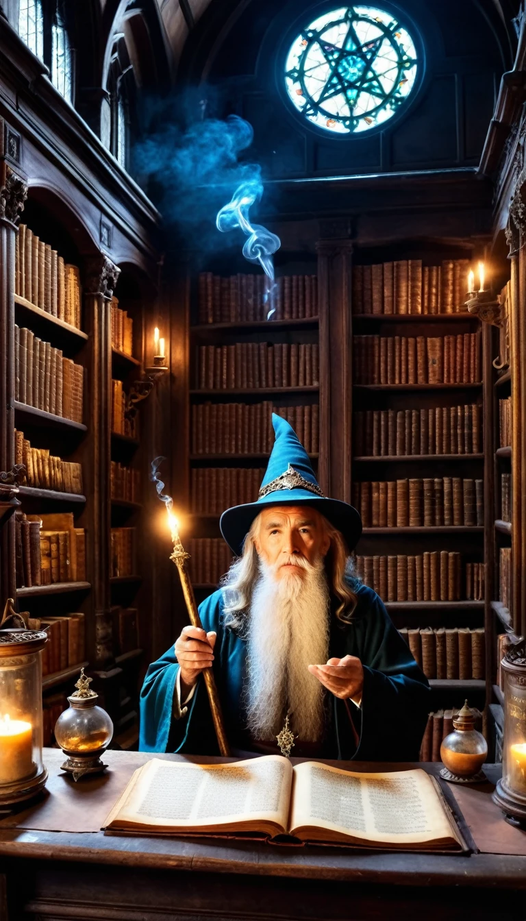 a 120 year old wizard sits in an ancient library,arcane scrolls,magical books,wands,staffs,magical trinkets,ancient artifacts,shelves,crystal ball,portals,magical energy,potions, Hyperrealistic art cinematic film still photography in the style of detailed hyperrealism photoshoot