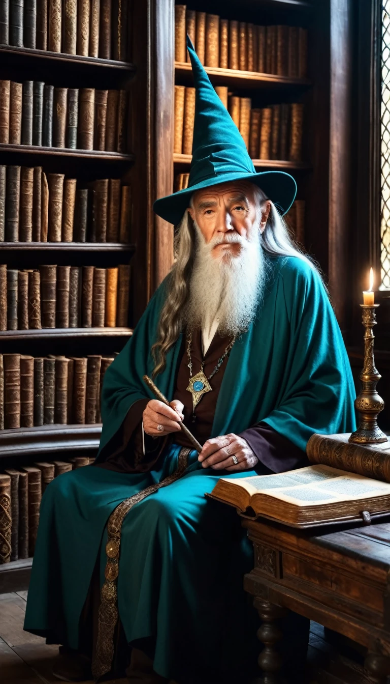a 120 year old wizard sits in an ancient library,arcane scrolls,magical books,wands,staffs,magical trinkets,ancient artifacts,shelves,crystal ball,portals,magical energy,potions, Hyperrealistic art cinematic film still photography in the style of detailed hyperrealism photoshoot