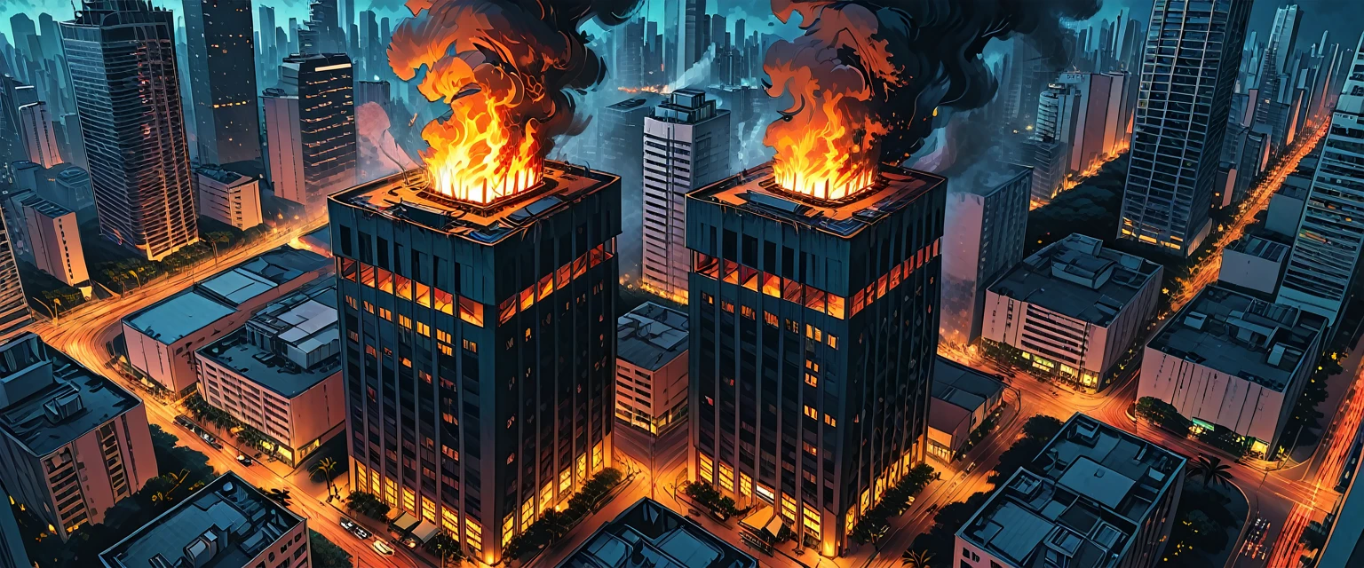burning skyscraper, fire, smoke, 
(outside of a skyscraper), night, dark, 
the light is only from a skyscraper, tropical, top view, palm, ((bird's-eye view)),
skyscraper, tropical island,  graphic style of novel comics,  2d, 8k, hyperrealism, masterpiece, high resolution, best quality, ultra-detailed, super realistic, Hyperrealistic art, high-quality, ultra high res, highest detailed, lot of details, Extremely high-resolution details, incredibly lifelike, colourful, soft cinematic light,