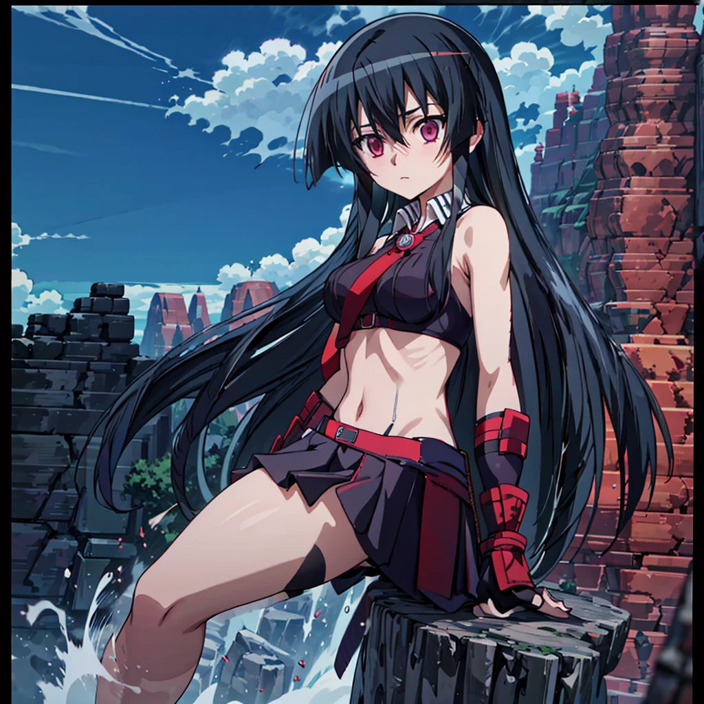 Akame, ((very long black hair)),1girl, determined face, earthquake, rocks breaking away, ((rock collapse)), seacliff, bikini, beach, rock cracking, cliffs breaking away, young adult, akame \(akame ga kill!\), high sky, sky, ((hands on cliff)), (((free solo climbing))), ((fluttering hair)), ((raise head)), bikini