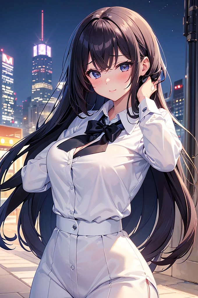 masterpiece, High resolution ,,Embarrassed face,I was so panicked.,Blushing,Obscene pose,sexy glamorous body,,Futuristic midnight downtown cityscape(((Pixel Perfect, Perfect in every detail))), alone, One girl, Chizuru Ichinose, big , (White collared shirt :1.3), View your viewers, Upper Body: 1.0, Are standing、whole body