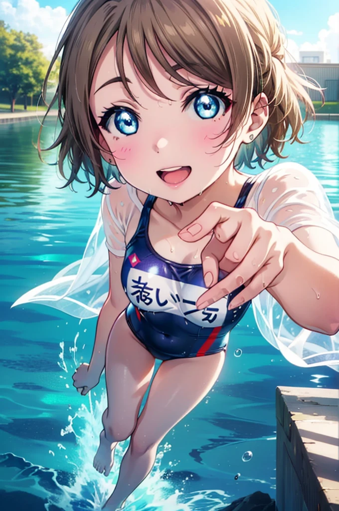 Yo Watanabe, Issei Watanabe, short hair, blue eyes, Brown Hair, smile, Open your mouth,Swimsuit,barefoot,whole bodyがイラストに入る,Wet Hair,Wet swimsuit,Wet Skin,Walking,
break outdoors, プール
break looking at viewer, whole body,
break (masterpiece:1.2), Highest quality, High resolution, unity 8k wallpaper, (shape:0.8), (Beautiful attention to detail:1.6), Highly detailed face, Perfect lighting, Extremely detailed CG, (Perfect hands, Perfect Anatomy),