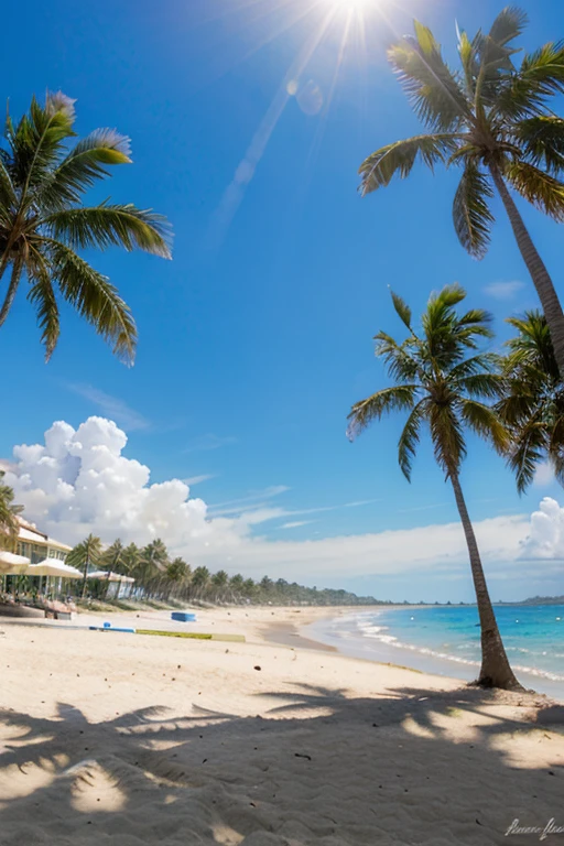beach, Sea, Sun, palm trees, blue sky