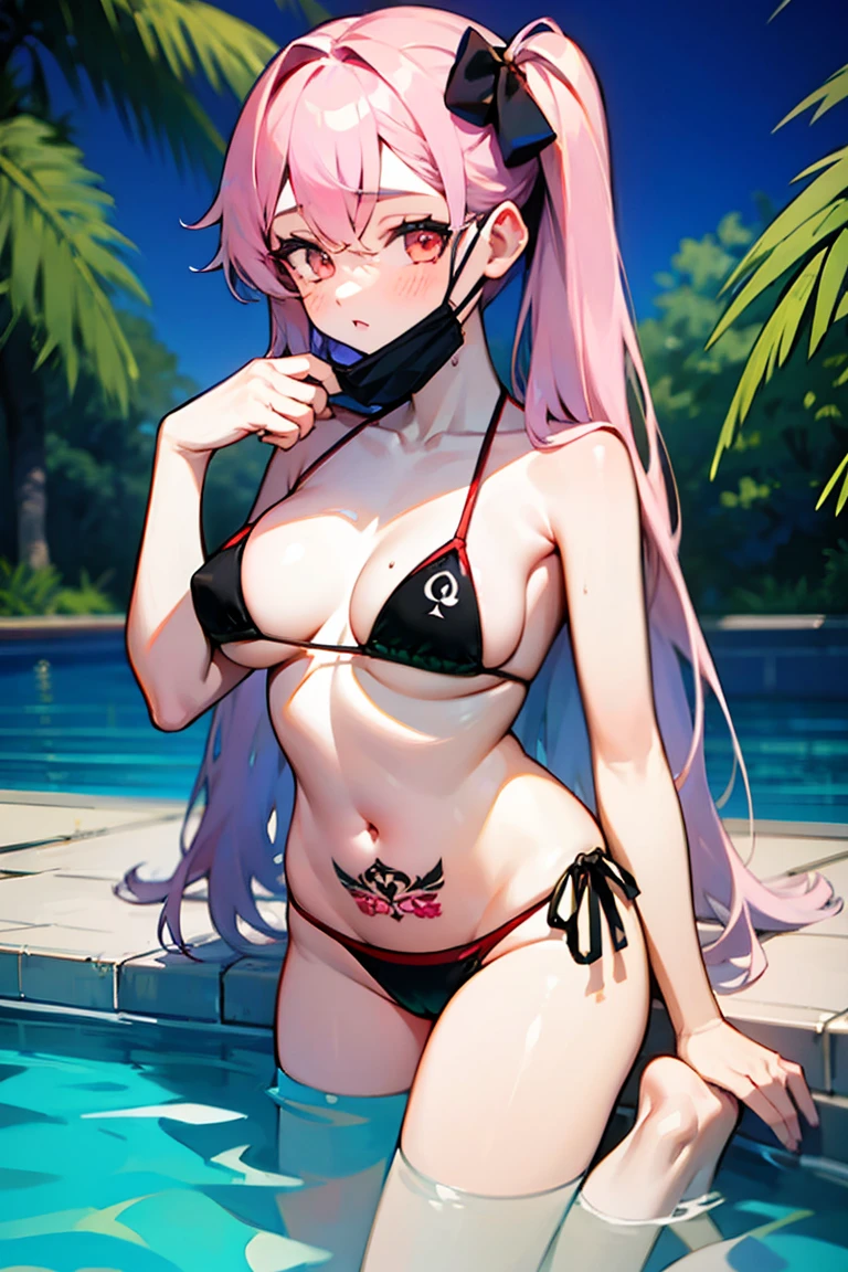 paf_bikini, dark, ad, [[[freckles]]], , fashion show, cameltoe  feathered hair, 1girl, solo, pool, clear water, underwater highlights, water highlights, long tousled hair, spiky hair, tousled hair, pink tousled hair, big hair, pale skin, medium breasts, navel, belly, mouth masl, mask_pull, mouth mask pull, cute style, thick line lines, red orange eyes, water drops, palm branches, sky, night, qoueen of spades symbol, qoueen of spades, tatto, queen of spades tatto, qos