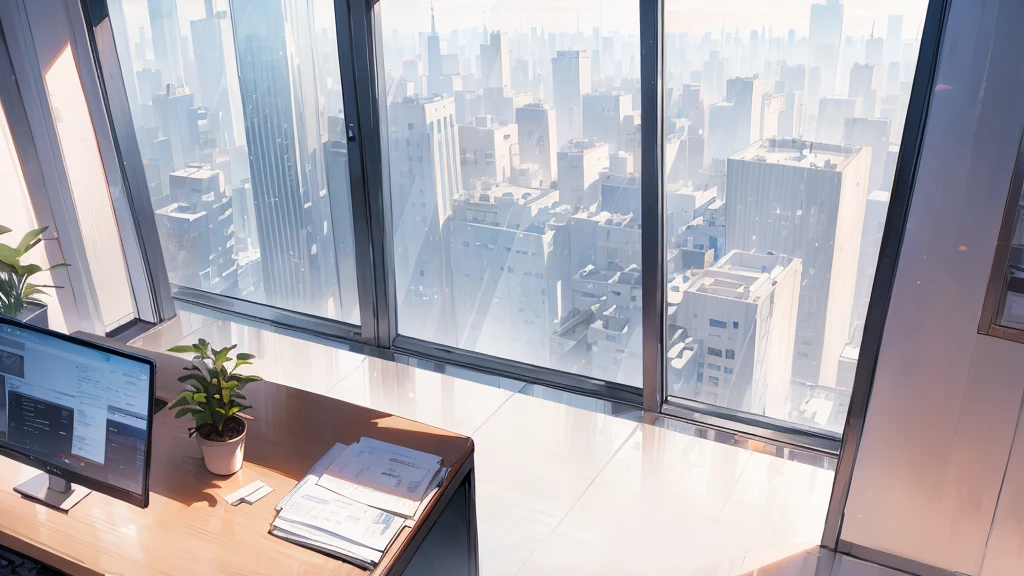 ((best quality)), ((masterpiece)), (detailed), office, president's office, floor-to-ceiling windows, top-down view scene,Potted plants,There is a computer and documents on the desk, an anime scene,the wooden floor,,, glowing, best quality, high details, epic, dramatic, cinematic lighting, detailed textures, (masterpiece, best quality:1.2)