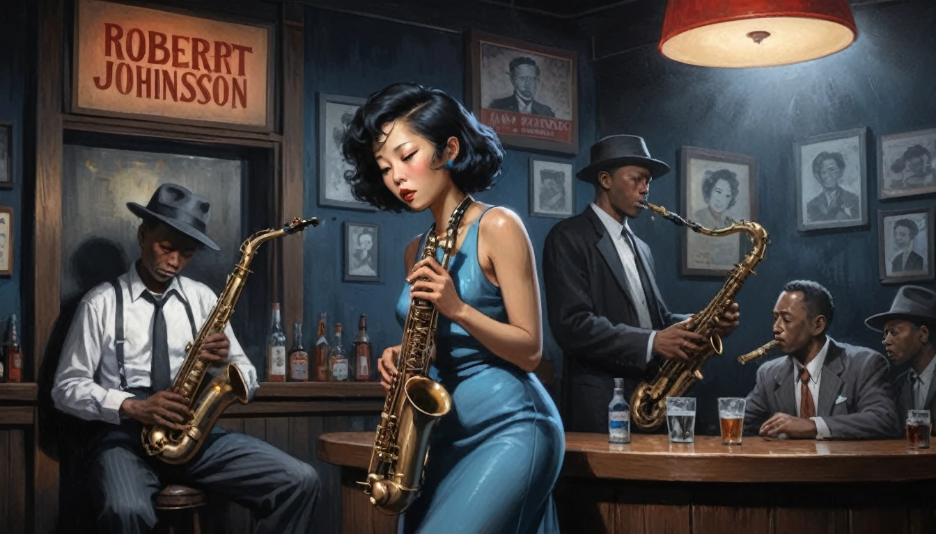 robert johnson, gritty, alabama bar, blue note, charismatic , illustration, noir fantasy, lone asian lady, sad ending, saxophonists