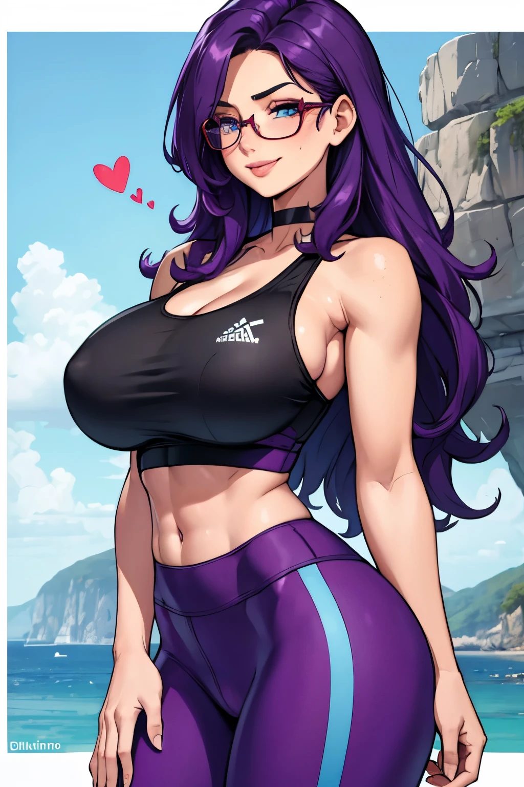 Beautiful mature woman, purple hair, blue eyes, thin frame eyeglasses, extremely long hair, messy hair, hair covering one eye, freckles on face, smiling, blushing, thick lips, full lips, huge breasts, extreme cleavage, deep cleavage, very thin body, abs, blue sports bra, midriff, sleeveless, bare arms, yoga pants, heart shaped choker, perfect anatomy, ultra-detailed, 4k, 8k, best quality, masterpiece, detailed background, gym background, exercising 