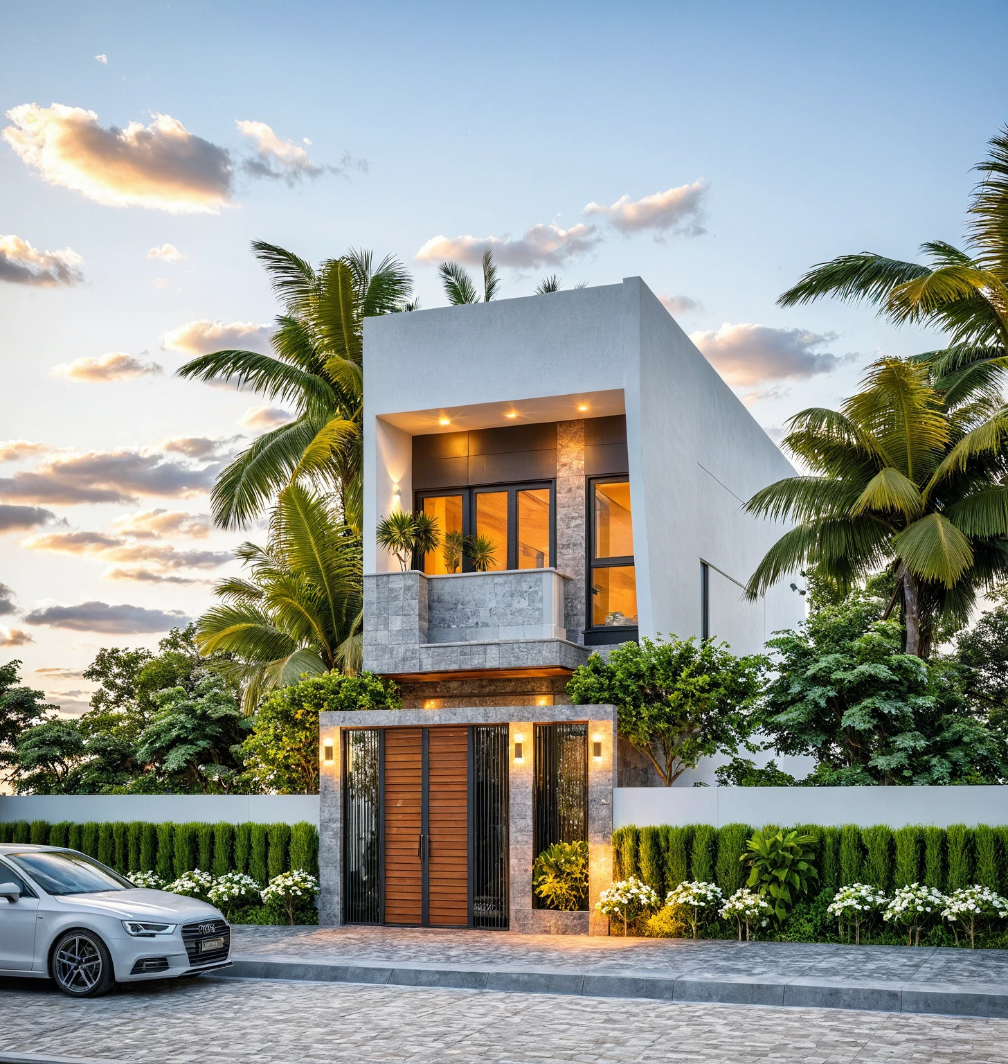 Masterpiece, high-end, best quality, authentic, super detailed, outdoor, aiaigroup, modern 2-storey townhouse, stairs, white walls combined with wood, wind encaustic tiles, iron gate, conwood ceiling, flowers , path, summer evening, grass, trees, sky, clouds, (daylight: 1.1)