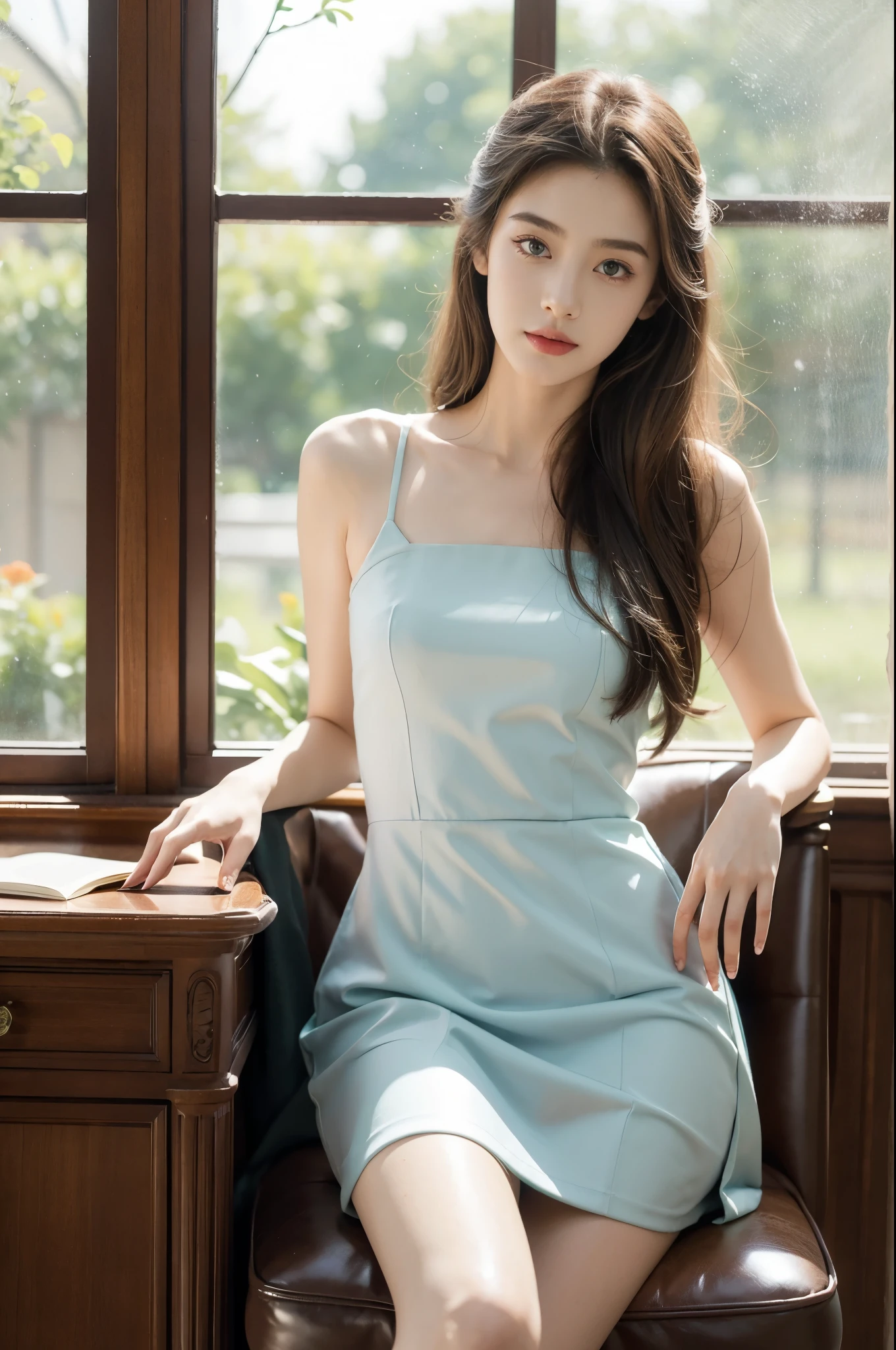 (((best quality))),(((ultra detailed))),(((masterpiece))),illustration,1girl,high school girl,solo,slim,thin,small breasts,flat chest,summer,sunshine,luxurious classroom,anticipation,beautiful,elegant,desk,college application form,sleeveless dress,light blue,summer sky,delicate floral pattern,shoulder length straight hair,sunlight,shimmering aura,fair skin,smooth skin,deep green eyes,luxury,plush leather chairs,richly patterned walls,state-of-the-art technology,open windows,summer breeze,freshly mown grass,distant bird songs,graceful movements,precise movements,serene face,focus,determination,dreams,aspirations,journey,fulfill academic goals,portrait,resilience,hope,future,courage,confidence,from front