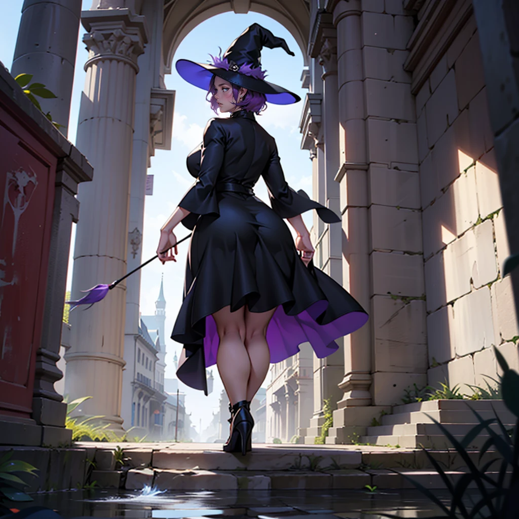 older woman in her 30s, with short purple hair and a tall, curvy body, view from behind, standing backwards, breasts big, in this, (work of art, best qualityer:1.2) wearing the legendary great black dress of the mystical sorceress, Big witch hat, standing alone, alone