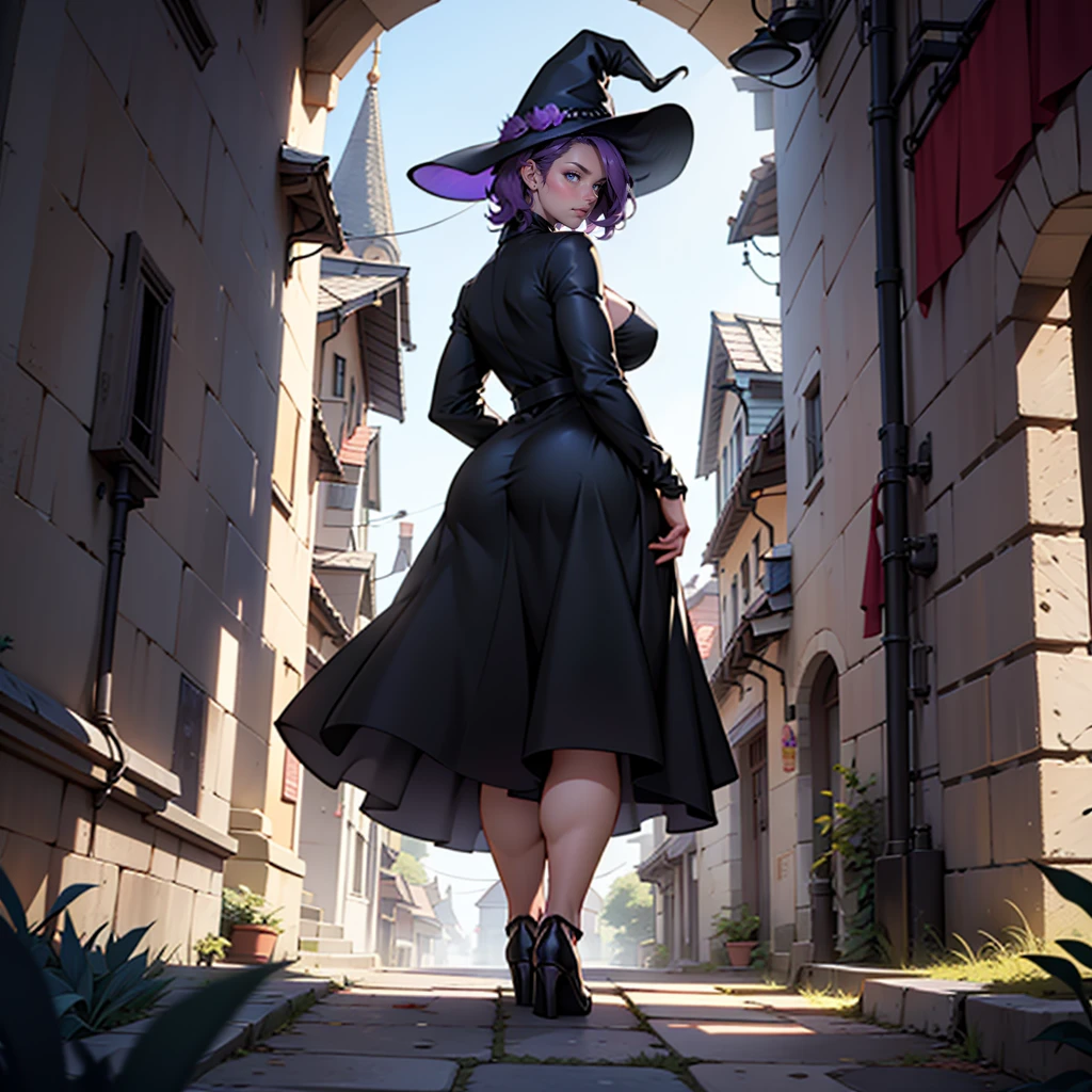 older woman in her 30s, with short purple hair and a tall, curvy body, view from behind, standing backwards, breasts big, in this, (work of art, best qualityer:1.2) wearing the legendary great black dress of the mystical sorceress, Big witch hat, standing alone, alone