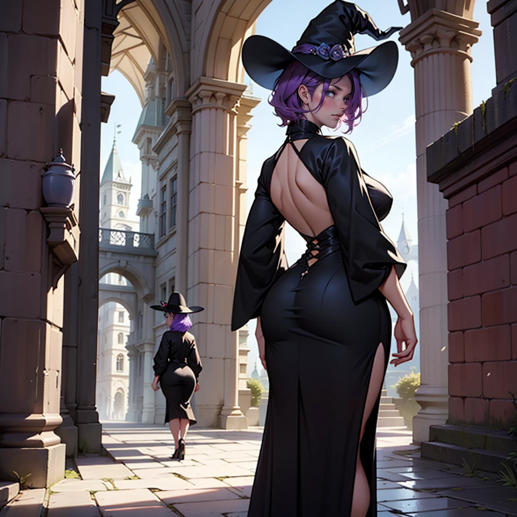 older woman in her 30s, with short purple hair and a tall, curvy body, view from behind, standing backwards, big, in this, (work of art, best qualityer:1.2) wearing the legendary great black dress of the mystical sorceress, Big witch hat, standing alone, alone