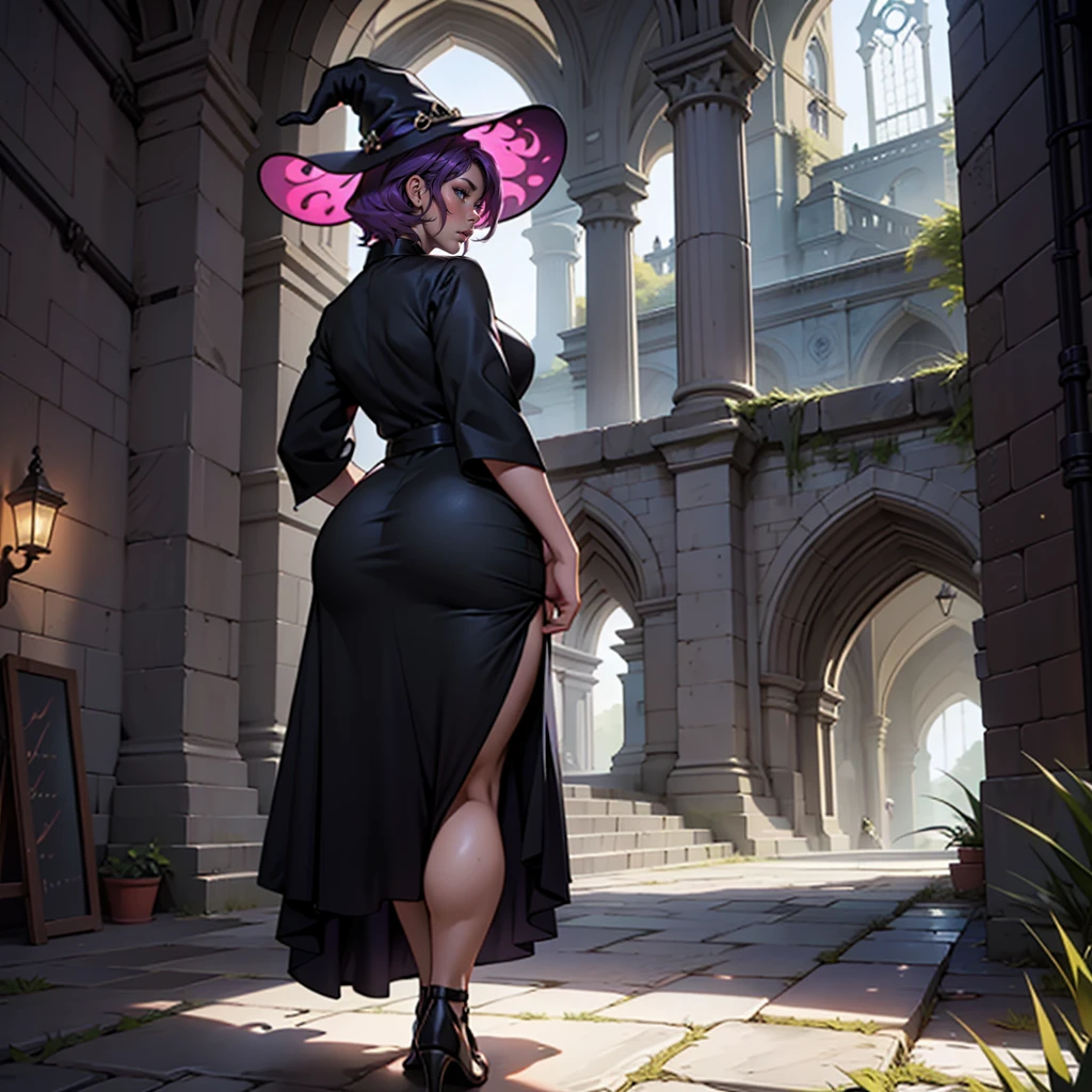 older woman in her 30s, with short purple hair and a tall, curvy body, view from behind, standing backwards, breasts big, in this, (work of art, best qualityer:1.2) wearing the legendary great black dress of the mystical sorceress, Big witch hat, standing alone, alone