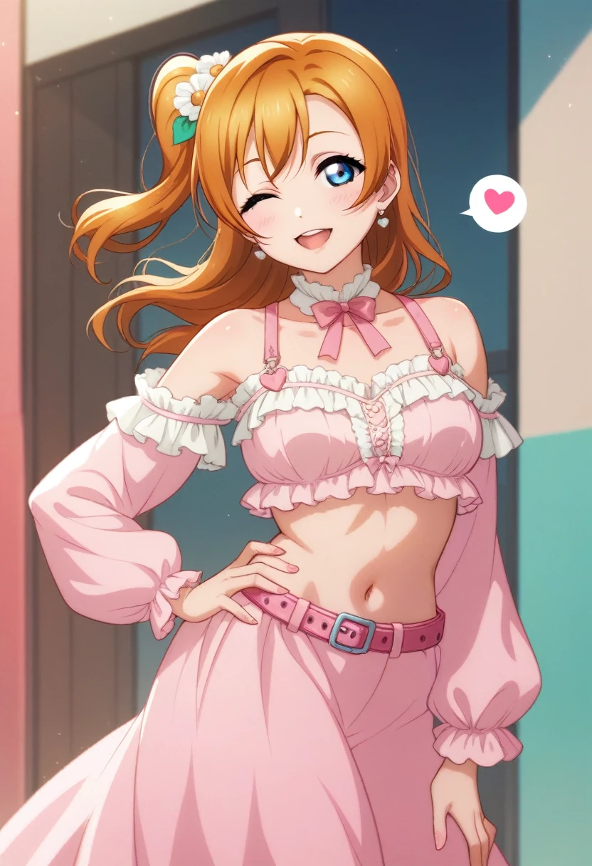 Honoka kousaka love live, cowboy shot, blue eyes, orange hair,hair flower, solo, loose crop top, frilly,long sleeve,long skirt, front thigh cutout,pink loose belt,thin straps, shiny moist skin, sexy, spoken heart , (lipstick:0.7), wink ,hand on hip, leaning to side