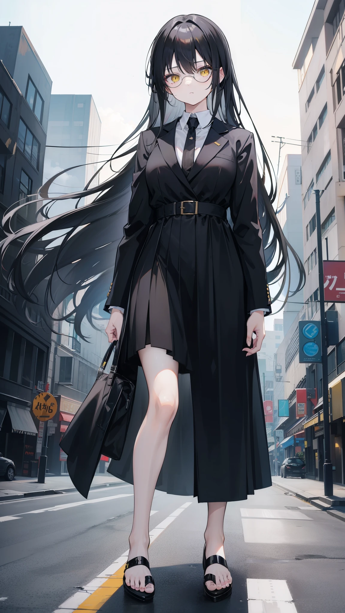 Anime Girl, Black long hair, Beautiful yellow eyes, Wearing a black suit, Dress formally, Wear round tinted sunglasses, Walk on the side of the road, high resolution, 8K