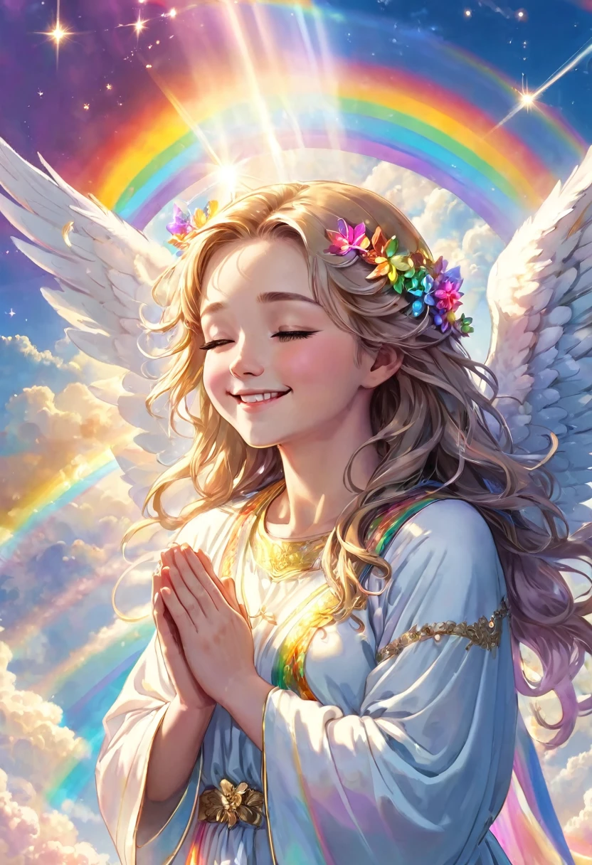Close-up of beautiful angel praying, smiling, meditating, miracle, touching, love, healing, clouds, heaven, shooting star, big rainbow light