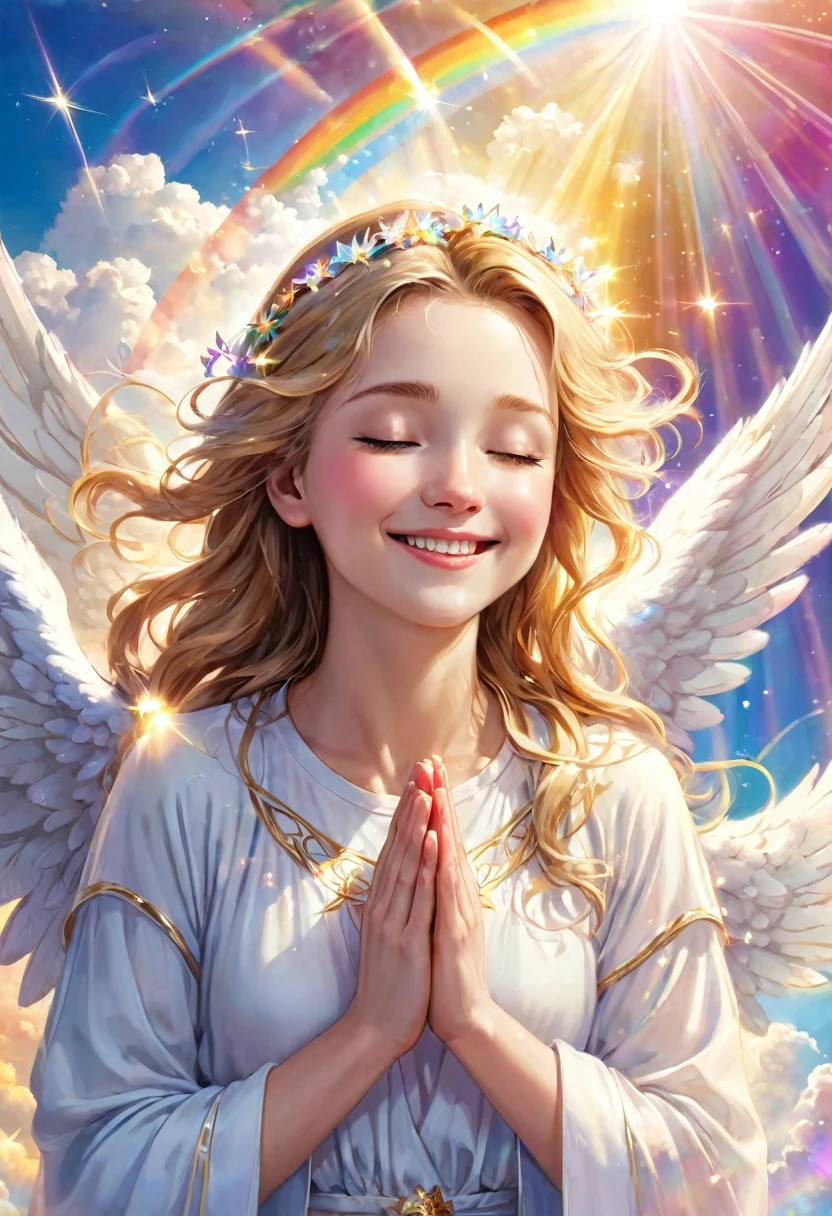 Close-up of beautiful angel praying, smiling, meditating, miracle, touching, love, healing, clouds, heaven, shooting star, big rainbow light