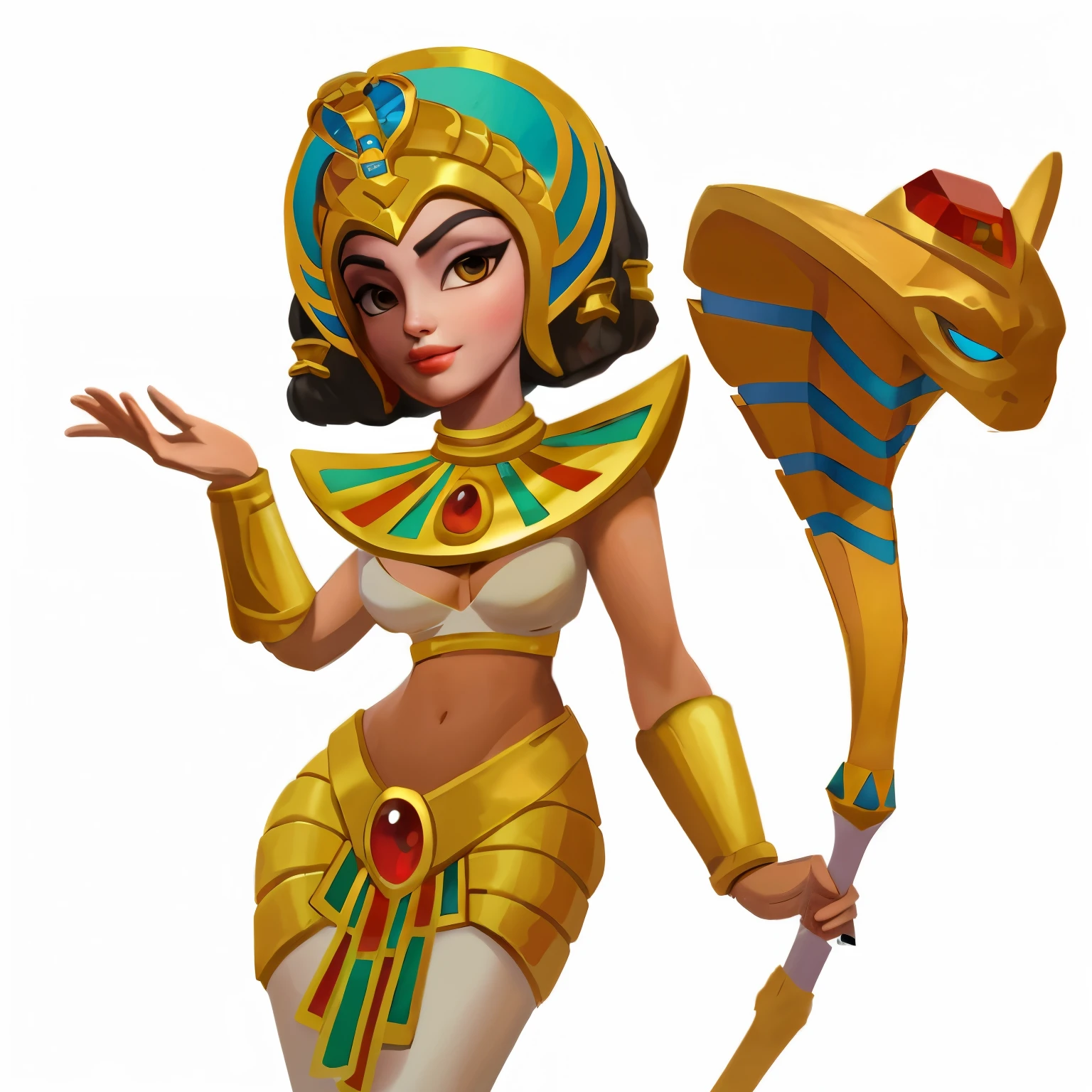 masterpiece，HD，European and American cartoon characters，Cleopatra，Cartoon women，Holding a golden snake-shaped scepter，Rich in details