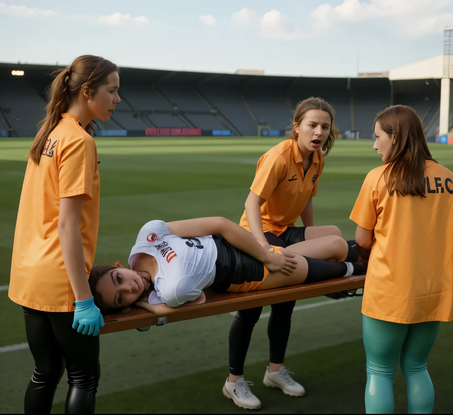 a soccer scene in a german sports stadium, injury scene in a sports stadium, stretcher carry, an injured soccer player is lying head first on his back on a stretcher and is covering his head with the hand, there are four young schoolgirls in shiny leather-trousers carrying a stretcher, there are four longhaired schoolgirls in high-shine latex-leggings who are carrying a stretcher in a german sports stadium, there is a wounded male soccer player in a short sports outfit lying head first on the stretcher, an injured male soccer player is lying head first on his back on a stretcher and is covering his agonised face with a hand, a soccer player is rearing up in intense pain while lying head first on his back on a stretcher and covering his head with a hand, dramatic scene, theatralic posing scene, dramatic pity scene, injury soccer, first aid, help, pity, there are four very angry looking schoolgirls in shiny latex-trousers who are looking very sad and very terrified and very shocked, the injured soccer player is screaming out in pain while he is carried from the pitch on a stretcher