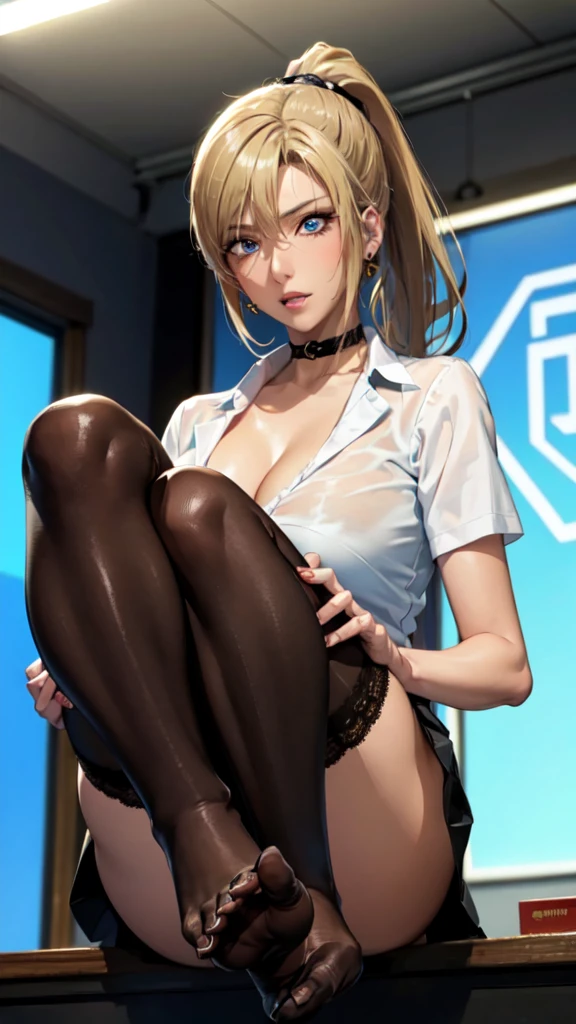 ((Correct Anatomy)),(on stage),(Office Lady Costume),((office)),((Short sleeve)),(Mini Pleated Skirt),(((Black Stockings))),((Lace panties)),(In-house),Ultra-high resolution,Mature Woman, Mature Woman, Very detailed,(Big Breasts),((Beautiful feet)),Perfect hands, Detailed fingers, Beautiful details, ((Long blonde hair)),((ponytail)),Black Choker, Earrings,Heel,Perfect Eyes, Captivating eyes,(open-chest)