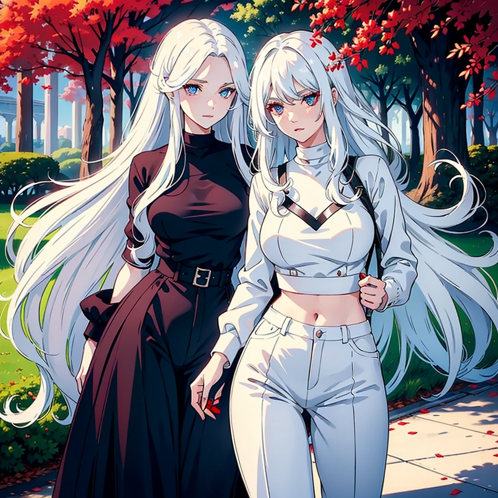 woman with long wavy white hair bright blue eyes wearing a white blouse and black pants next to her a black haired woman with red locks with bright red eyes wearing a black sweater and white pants taking her phone for a photo they are in a park