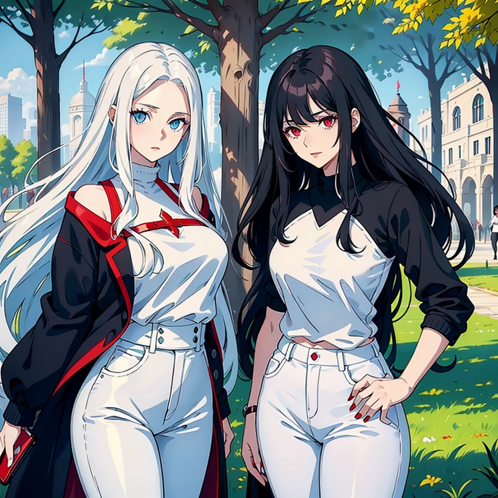woman with long wavy white hair bright blue eyes wearing a white blouse and black pants next to her a black haired woman with red locks with bright red eyes wearing a black sweater and white pants taking her phone for a photo they are in a park
