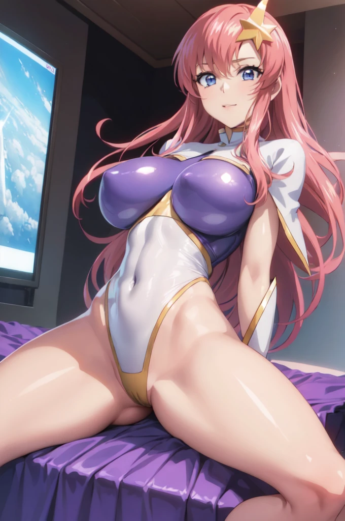 (masterpiece）、（Best image quality）、（Very detailed）、（Very detailed）、4K、（8K）、Best image quality、（beautiful）、anime,(arms behind back:1.3),(M legs:1.4),(M-shaped legs:1.3),
(Spaceship room,Futuristic interior:1.3),On the bed,More about Campbell, 1 Girl, (star hair ornaments:1.4), hair ornaments, Pink Hair, Long Hair, Leotard Purple Leotard, White leotard, A tight leotard、Huge breasts、Thick thighs、,Sitting,A light smile､Dynamic pose､gravure､Dynamic Angle、Noise Reduction､Emphasize the chest､Breast Augmentation
