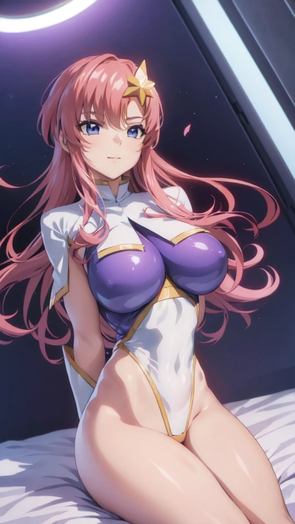 (masterpiece)、(Best image quality)、(Very detailed)、(Very detailed)、4K、(8K)、Best image quality、(beautiful)、anime,(arms behind back:1.3),(M legs:1.4),(M-shaped legs:1.3),
(Spaceship room,Futuristic interior:1.3),On the bed,More about Campbell, 1 Girl, (star hair ornaments:1.4), hair ornaments, Pink Hair, Long Hair, Leotard Purple Leotard, White leotard, A tight leotard、Huge breasts、Thick thighs、,Sitting,A light smile、Dynamic pose、gravure、Dynamic Angle、Noise Reduction、Emphasize the chest、Breast Augmentation