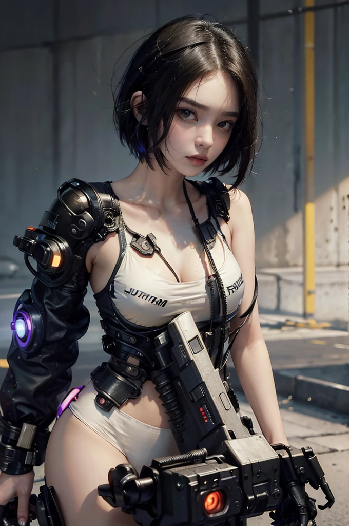 female, ((masterpiece, best quality, ultra detailed, absurdres), solo, short hair, breasts,cyberpunk