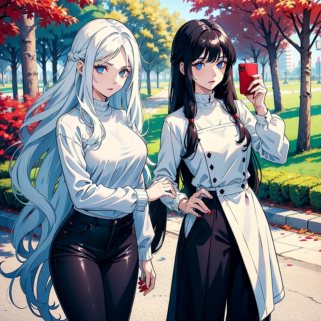 woman with long wavy white hair bright blue eyes wearing a white blouse and black pants next to her a black haired woman with red locks with bright red eyes wearing a black sweater and white pants taking her phone for a photo they are in a park