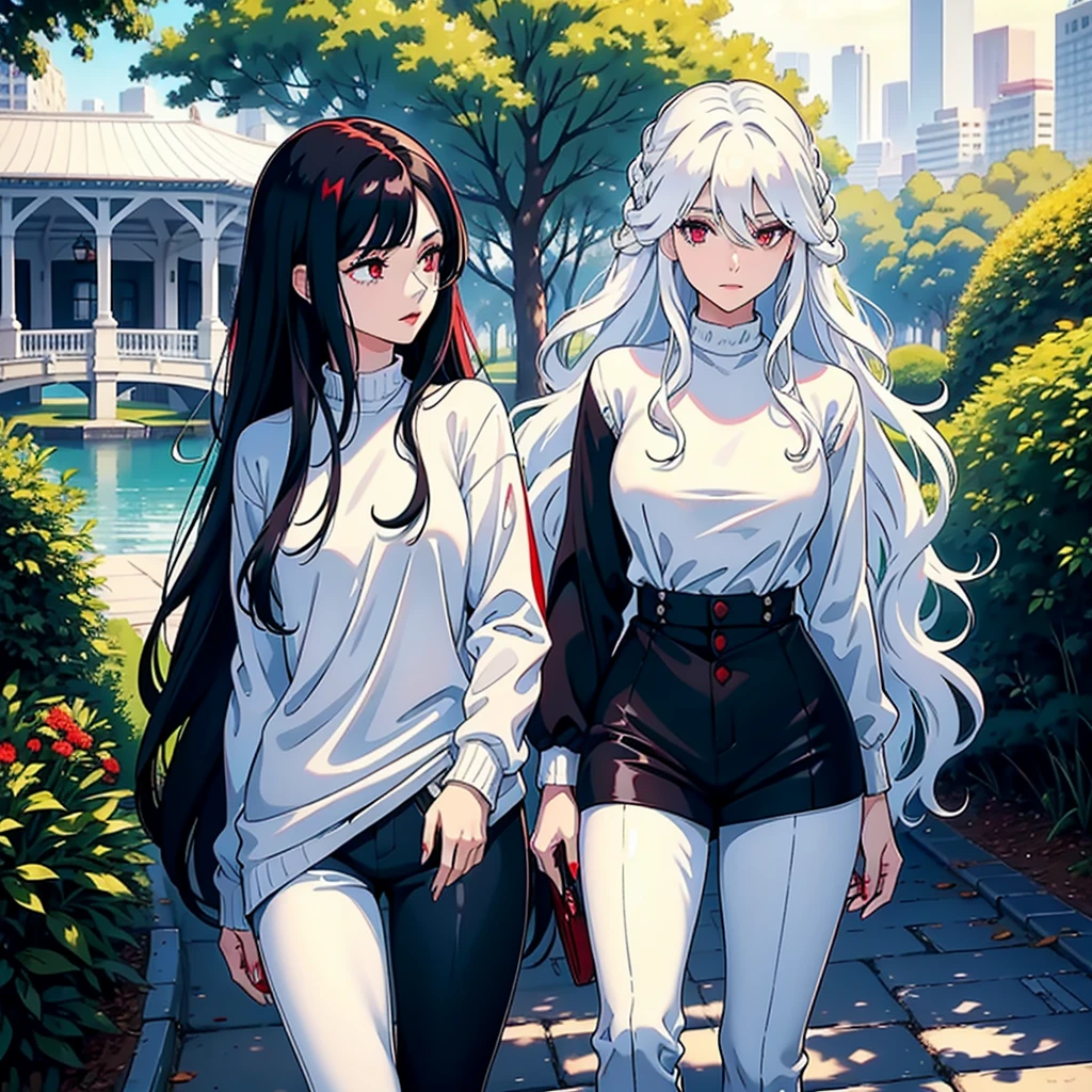 woman with long wavy white hair bright blue eyes wearing a white blouse and black pants next to her a black haired woman with red locks with bright red eyes wearing a black sweater and white pants taking her phone for a photo they are in a park