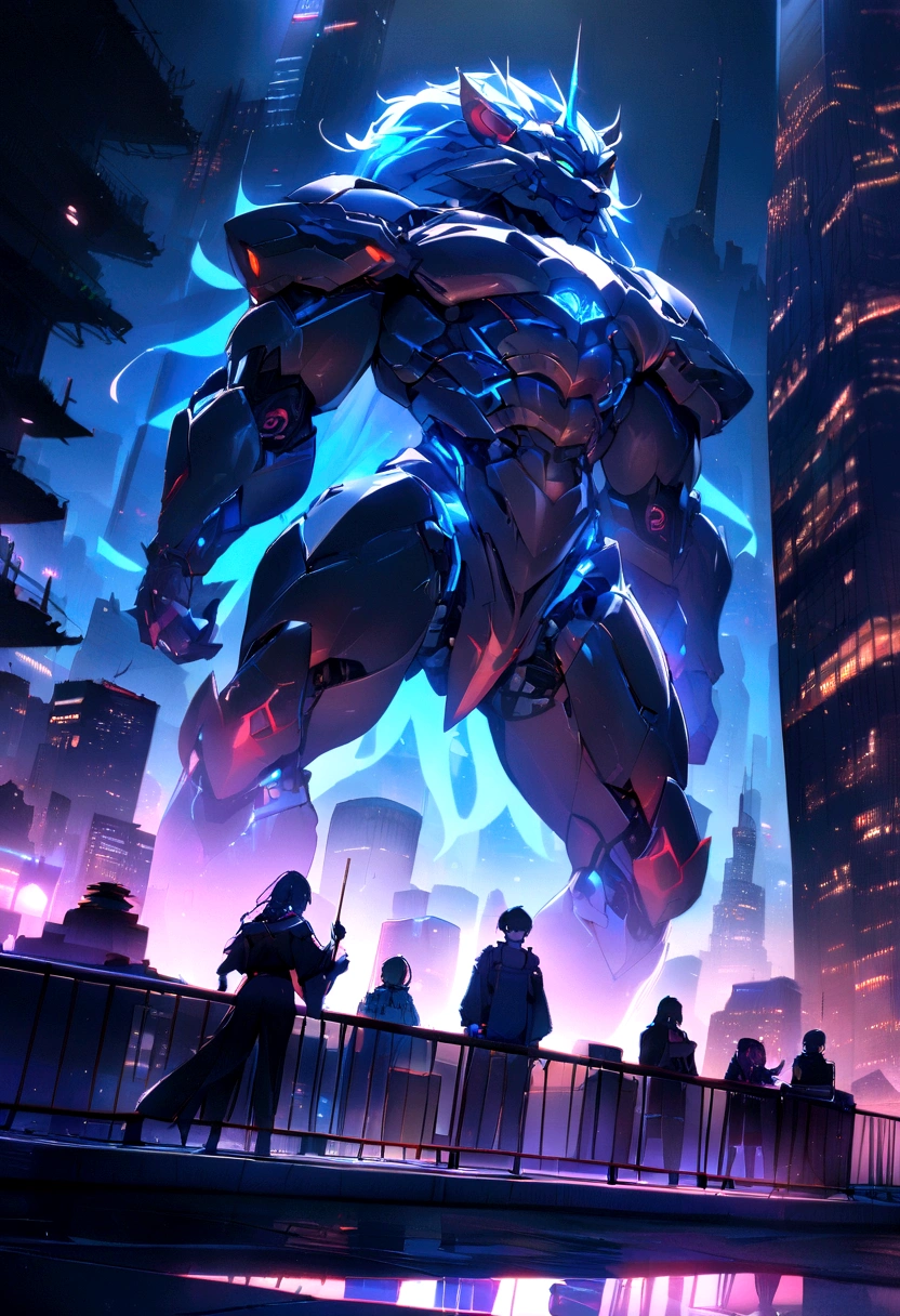 ((masterpiece, best quality, Best image quality, high resolution))Giant Lion Demon、Beast King、 Shining blue eyes and advanced cybernetic enhancements. Giant Lion Demonはダイナミックなアクションポーズで見られます, front、Neon-lit rooftop, Reflections on smooth surfaces. The cityscape below is filled with towering skyscrapers., Illuminated by colorful holographic advertising, Shining blue energy, Great power. The overall atmosphere is dark and mysterious., It has a futuristic tech vibe.. The lighting is dramatic, Strong highlights and deep shadows, Creating Depth and Tension. Color Palette
