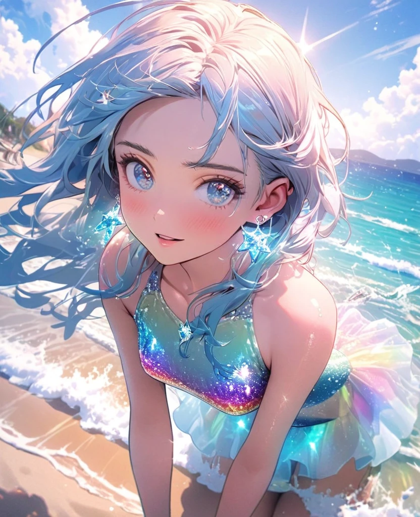 8K,gal，an extremely delicate and beautiful,Beautiful and realistic skin,Shiny jewel-like earrings,glowing tattoo,Long colerful hair,blue eyes,Sparkling landscape,whole body,Sparkly Swimsuit,Summerbeach,Splash,Beach House