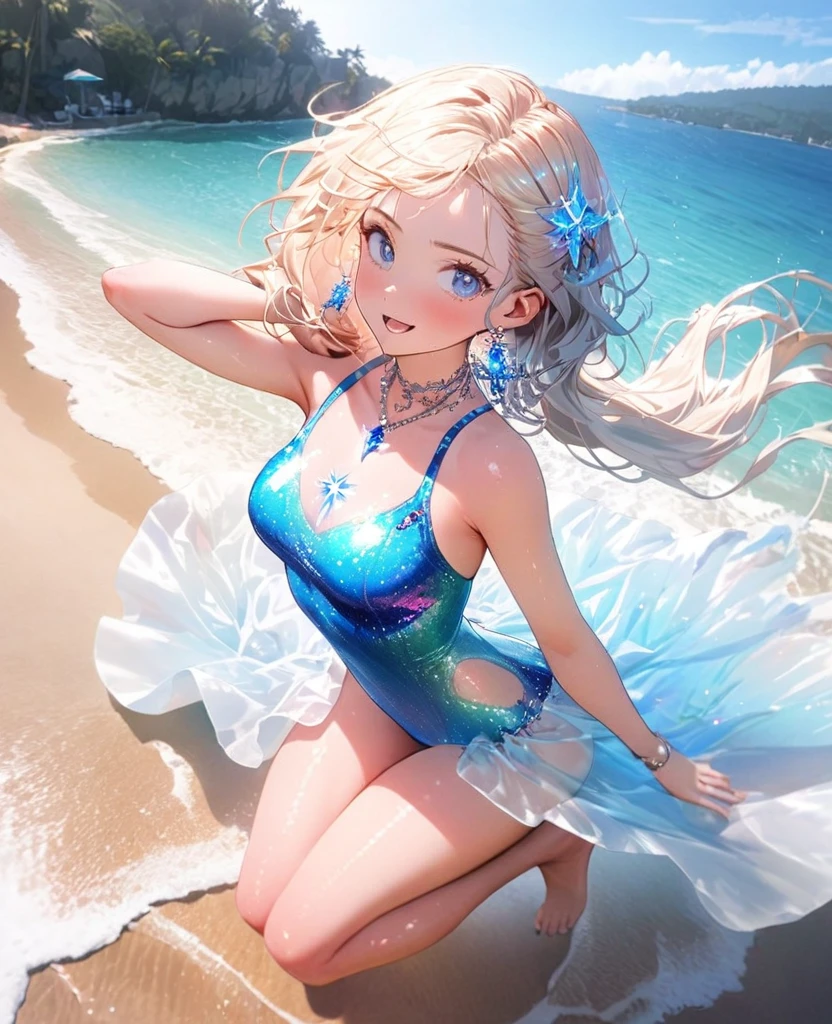 8K,gal，an extremely delicate and beautiful,Beautiful and realistic skin,Shiny jewel-like earrings,glowing tattoo,Long colerful hair,blue eyes,Sparkling landscape,whole body,Sparkly Swimsuit,Summerbeach,Splash,Beach House