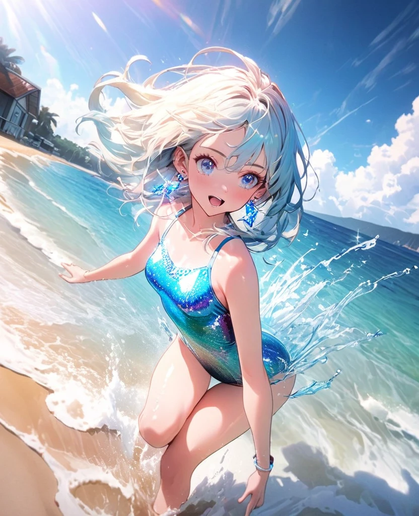 8K,gal,an extremely delicate and beautiful,Beautiful and realistic skin,Shiny jewel-like earrings,glowing tattoo,Long colerful hair,blue eyes,Sparkling landscape,whole body,Sparkly Swimsuit,Summerbeach,Splash,Beach House
