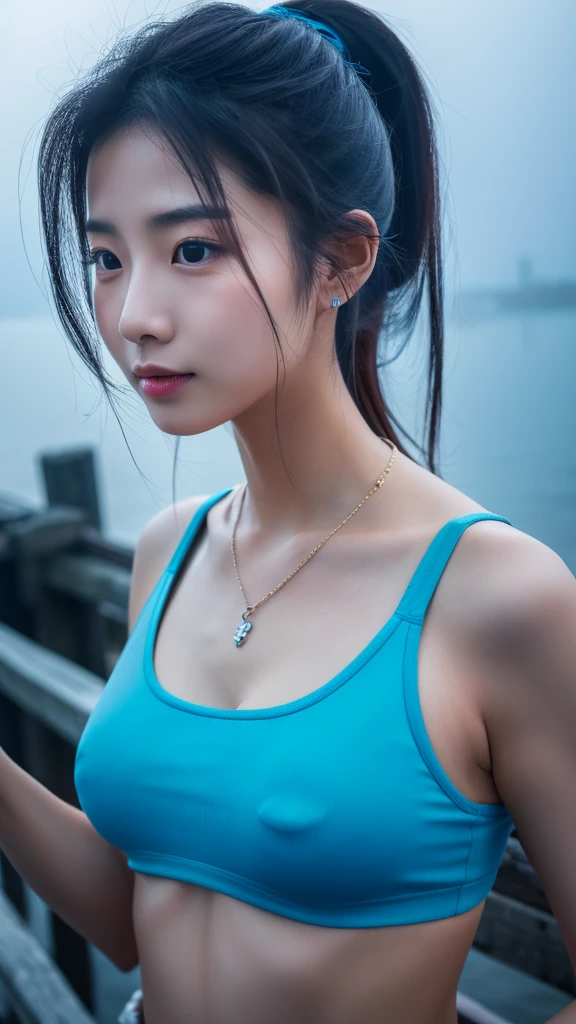close-up of beautiful korean female, 34 inch breasts size, ponytail, wearing blue tank top, necklace, at the pier, foggy atmosphere, UHD
