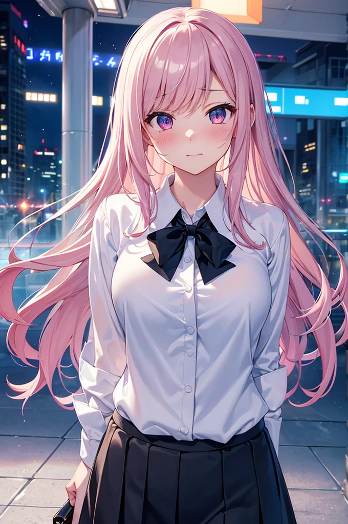 masterpiece, High resolution ,,Embarrassed face,I was so panicked.,Blushing,Obscene pose,sexy glamorous body,,Futuristic midnight downtown cityscape(((Pixel Perfect, Perfect in every detail))), alone, One girl, Chizuru Ichinose, big , (White collared shirt :1.3), View your viewers, Upper Body: 1.0, Are standing、whole body