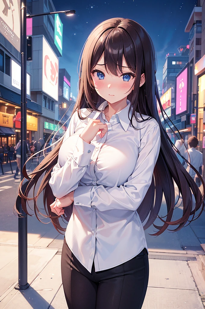 masterpiece, High resolution ,,Embarrassed face,I was so panicked.,Blushing,Obscene pose,sexy glamorous body,,Futuristic midnight downtown cityscape(((Pixel Perfect, Perfect in every detail))), alone, One girl, Chizuru Ichinose, big , (White collared shirt :1.3), View your viewers, Upper Body: 1.0, Are standing、whole body